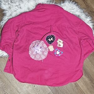 Pink Button-Up Shirt with Vintage Style Embroidered Patchwork